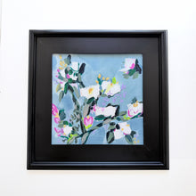 Load image into Gallery viewer, Antique Rose original floral painting by Hilly Holmes featuring white blossoms, pink accents, and botanical forms in a black frame
