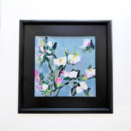 Antique Rose original floral painting by Hilly Holmes featuring white blossoms, pink accents, and botanical forms in a black frame