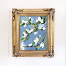 Load image into Gallery viewer, Antiquity original botanical painting by Hilly Holmes featuring flowering branches and white blossoms in an ornate gold frame