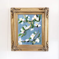 Antiquity original botanical painting by Hilly Holmes featuring flowering branches and white blossoms in an ornate gold frame