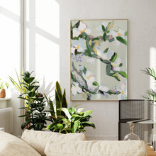 Load image into Gallery viewer, Antiquity floral art print by Hilly Holmes featuring white blossoms and green botanical branches on a soft sage background