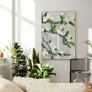 Antiquity floral art print by Hilly Holmes featuring white blossoms and green botanical branches on a soft sage background