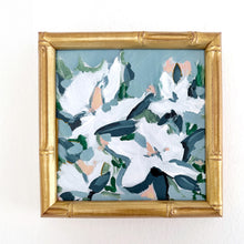 Load image into Gallery viewer, Euphrates original floral painting by Hilly Holmes featuring white blossoms and layered botanical forms in a gold bamboo frame