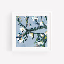Load image into Gallery viewer, Flora Babylonica botanical art print by Hilly Holmes featuring flowering branches and white blossoms against a soft blue background
