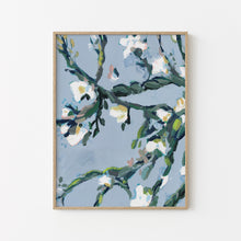 Load image into Gallery viewer, Flora Babylonica botanical art print by Hilly Holmes featuring flowering branches and white blossoms against a soft blue background