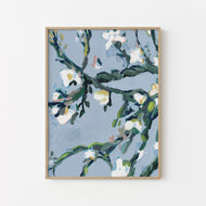 Flora Babylonica botanical art print by Hilly Holmes featuring flowering branches and white blossoms against a soft blue background