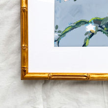 Load image into Gallery viewer, Flora Babylonica botanical art print by Hilly Holmes featuring flowering branches and white blossoms against a soft blue background