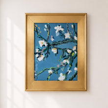 Load image into Gallery viewer, Flora Babylonica original botanical painting by Hilly Holmes featuring flowering branches and white blossoms against a luminous blue background