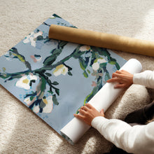 Load image into Gallery viewer, Flora Babylonica botanical art print by Hilly Holmes featuring flowering branches and white blossoms against a soft blue background