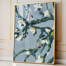 Load image into Gallery viewer, Flora Babylonica botanical art print by Hilly Holmes featuring flowering branches and white blossoms against a soft blue background
