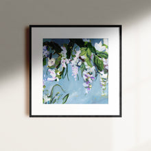 Load image into Gallery viewer, The Hanging Garden floral art print by Hilly Holmes featuring cascading blossoms and botanical forms on a soft blue background