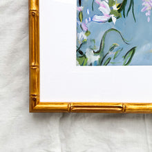 Load image into Gallery viewer, The Hanging Garden floral art print by Hilly Holmes featuring cascading blossoms and botanical forms on a soft blue background
