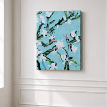 Load image into Gallery viewer, Ishtar original floral painting by Hilly Holmes featuring flowering branches and white blossoms against a luminous blue background