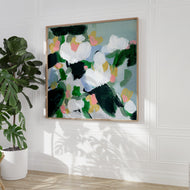 June floral art print by Hilly Holmes featuring white flowers, fresh green foliage, and soft pastel accents
