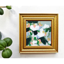 Load image into Gallery viewer, June original floral painting by Hilly Holmes featuring white blossoms, green foliage, and soft pastel accents in a gold frame
