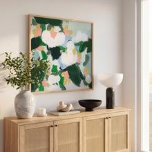 Load image into Gallery viewer, Framed June floral wall art by Hilly Holmes displayed in a light natural wood frame