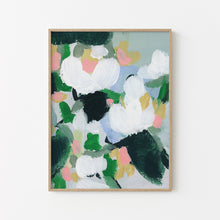 Load image into Gallery viewer, June floral art print by Hilly Holmes featuring white flowers, fresh green foliage, and soft pastel accents