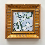 Nineveh Floral Square, Custom Framed Print in a gold frame, featuring a soft blue background and white flowers.