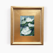 Load image into Gallery viewer, Night Garden original floral painting by Hilly Holmes featuring white blossoms and deep green foliage in a gold frame