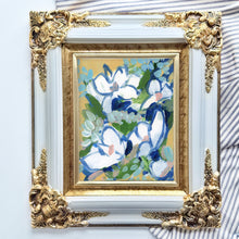 Load image into Gallery viewer, Sun Blossoms original floral painting by Hilly Holmes featuring white flowers, blue accents, green foliage, and a warm yellow background in an ornate vintage frame