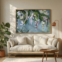 Load image into Gallery viewer, The Hanging Garden floral art print by Hilly Holmes featuring cascading blossoms and botanical forms on a soft blue background