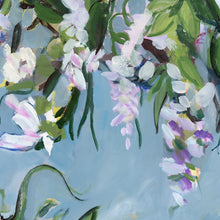 Load image into Gallery viewer, The Hanging Garden original floral painting by Hilly Holmes featuring cascading blossoms and botanical forms against a soft blue background

