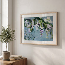 Load image into Gallery viewer, The Hanging Garden floral art print by Hilly Holmes featuring cascading blossoms and botanical forms on a soft blue background